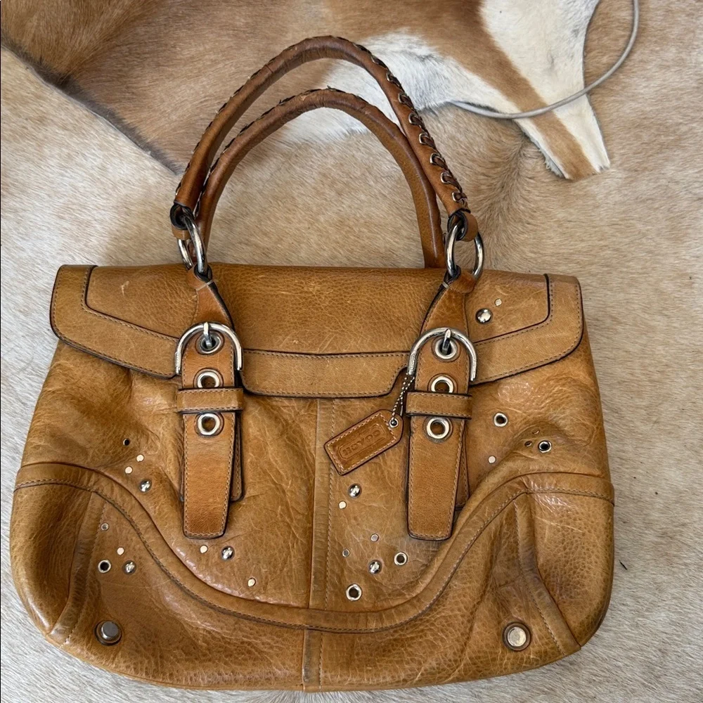 vintage Y2K Coach Hampton satchel in a tan color leather silver studs braided